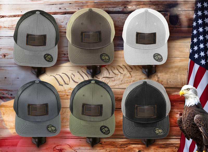 Load image into Gallery viewer, American Flag Hand Burnished Full Grain Leather Patch Richardson 112 Snapback Trucker Hat
