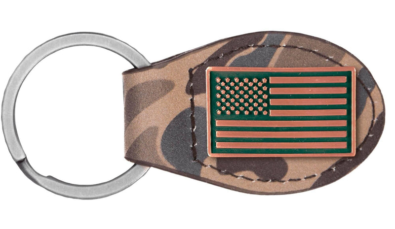 Load image into Gallery viewer, Brown Old School Camo Leather Key Fob. Bass, Lab, Deer, Mallard, Turkey, Shot Shell, USA Flag
