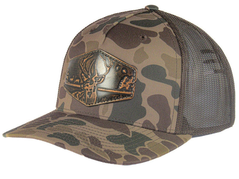Load image into Gallery viewer, Buck Old School Camo Trucker Hat. Hand Burnished Full Grain Leather Patch. 5-Panel Richardson 112 Snapback Cap. Stitched Deer Leather Patch.

