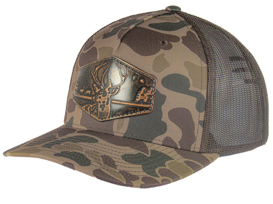 Buck Old School Camo Trucker Hat. Hand Burnished Full Grain Leather Patch. 5-Panel Richardson 112 Snapback Cap. Stitched Deer Leather Patch.