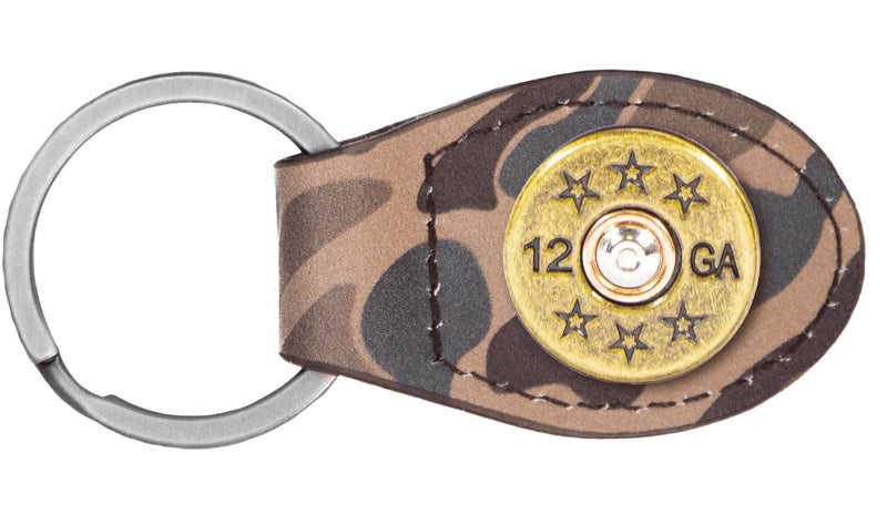 Load image into Gallery viewer, Brown Old School Camo Leather Key Fob. Bass, Lab, Deer, Mallard, Turkey, Shot Shell, USA Flag
