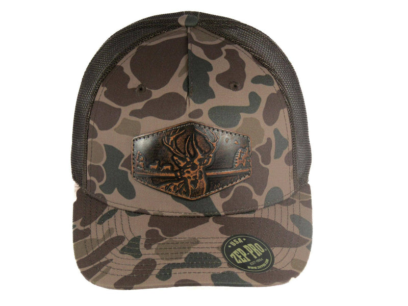 Load image into Gallery viewer, Buck Old School Camo Trucker Hat. Hand Burnished Full Grain Leather Patch. 5-Panel Richardson 112 Snapback Cap. Stitched Deer Leather Patch.
