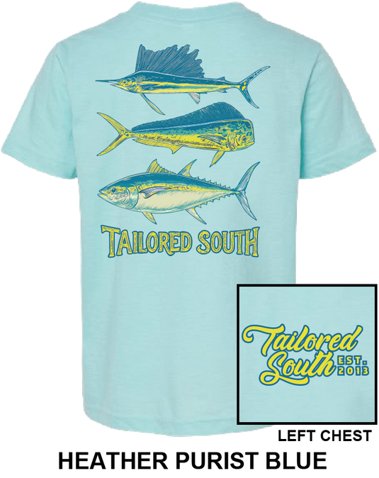 Tailored South Youth 3 Fish T-Shirt - Heather Purist Blue TS023Y