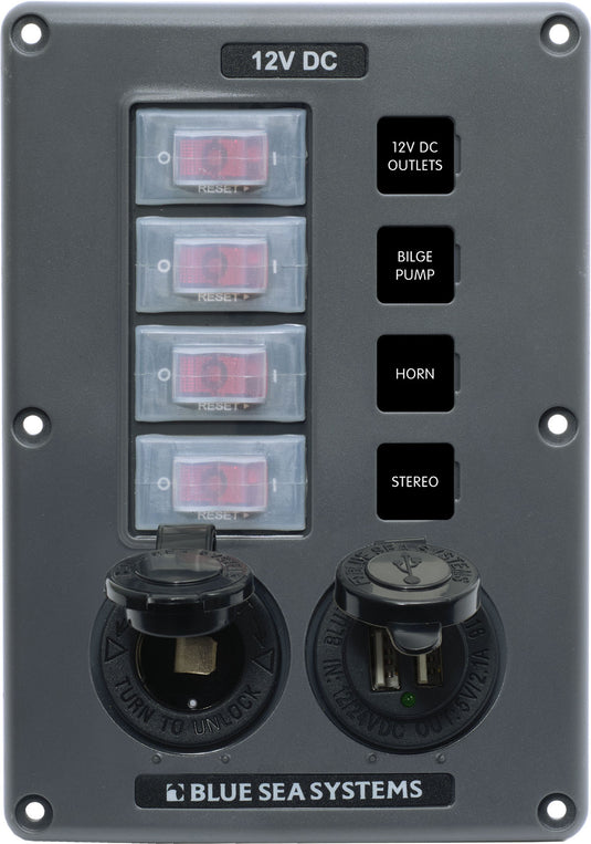 Blue Sea Systems 4321 Water-Resistant Circuit Breaker Switch Panel - Gray, 4 pos. + 12 Volt Socket and Dual USB Charger