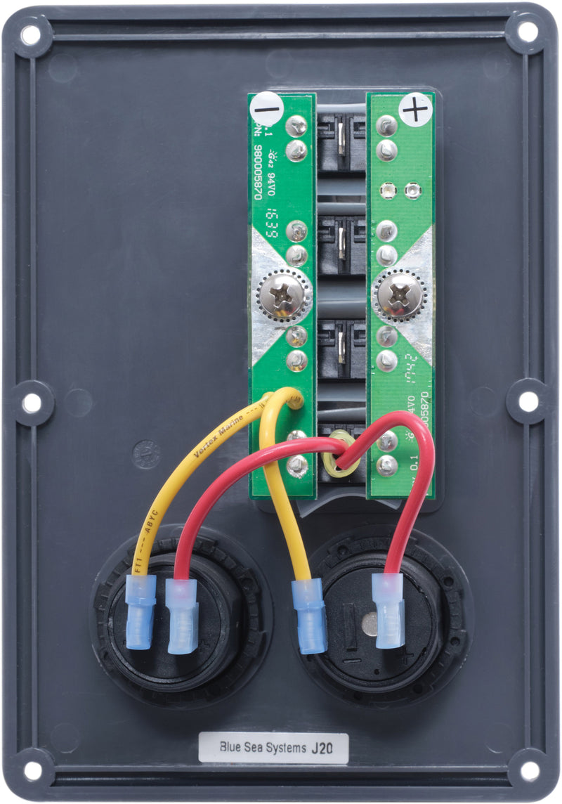 Load image into Gallery viewer, Blue Sea Systems 4321 Water-Resistant Circuit Breaker Switch Panel - Gray, 4 pos. + 12 Volt Socket and Dual USB Charger
